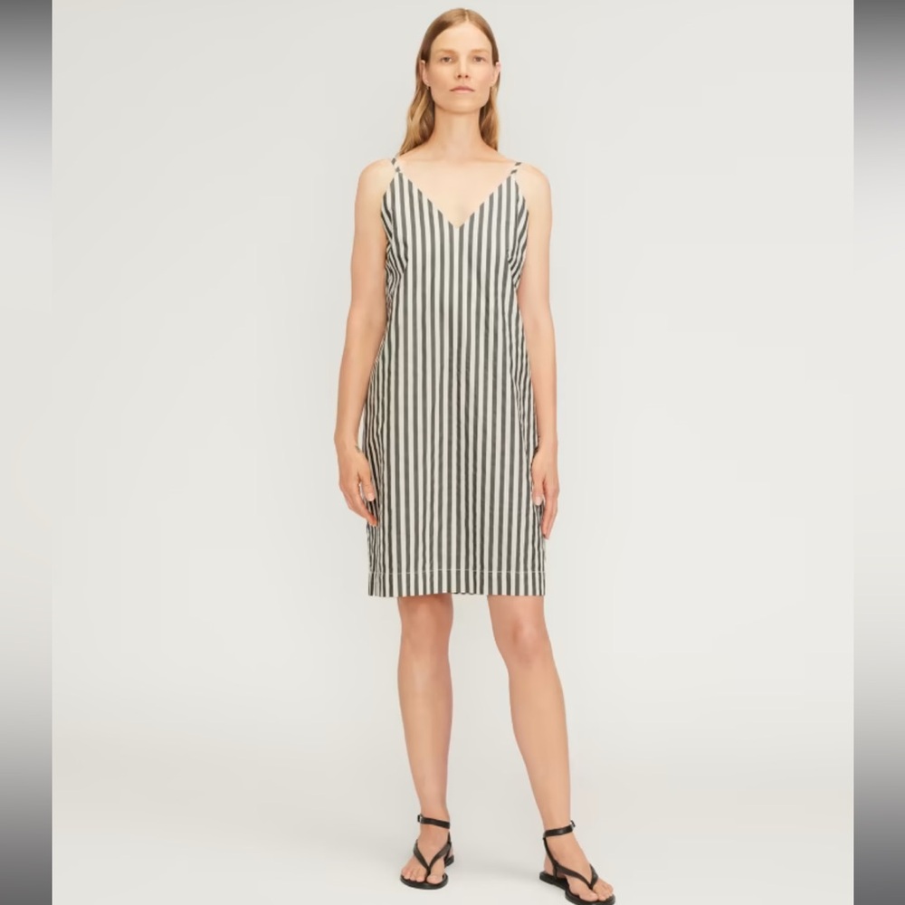 Everlane Poplin Linen Slip Dress V-Neck Black and White Stripe Size 6 Medium